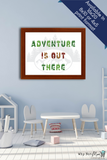 Adventure is out there wall print for nursery, kids room or travel agency. Font is block style with images of wildlife and camping silhouetted into text. A shadow silhouette background of a forest and mountain range in background. 