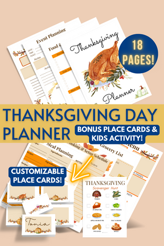 Thanksgiving Day Planner with 18 pages includes bonus customizable place cards and kids activity! Perfect to  help keep you organized for hosting your Thanksgiving Day event.